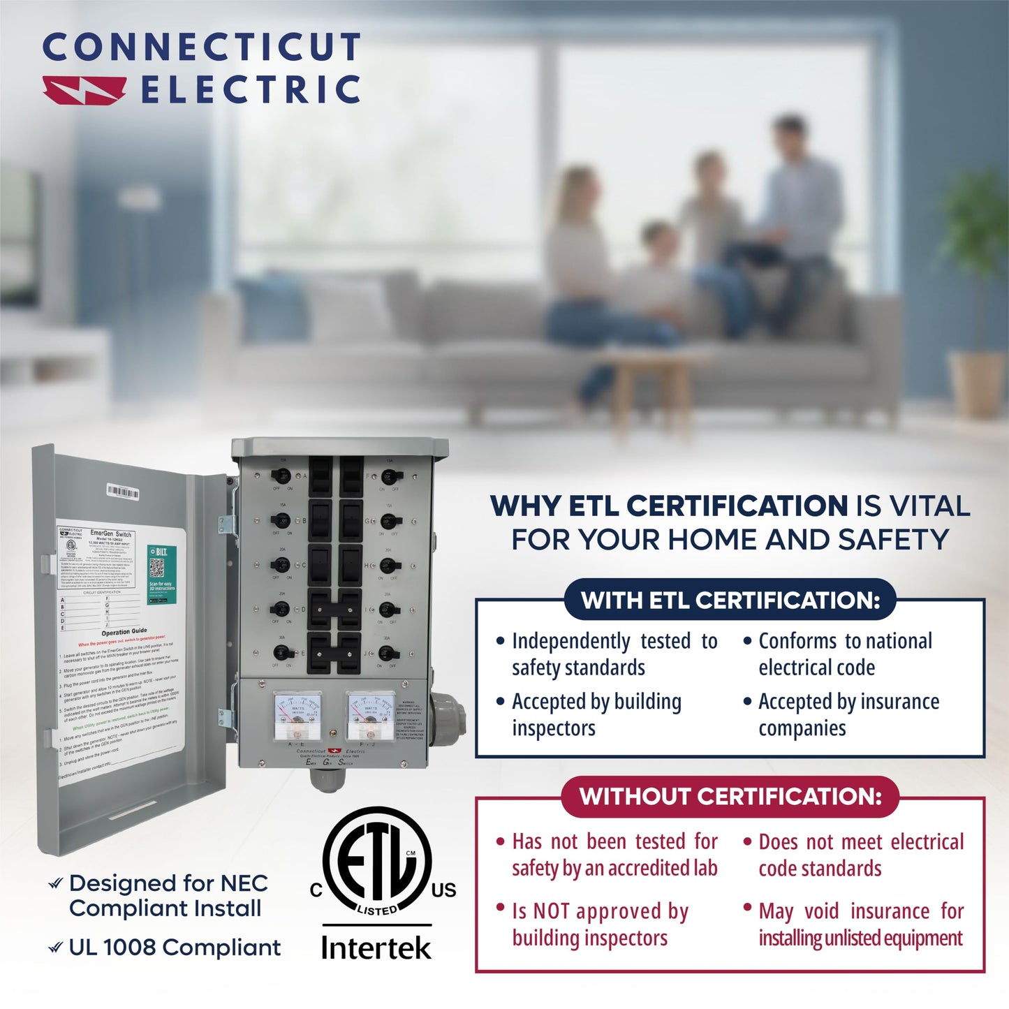 Connecticut Electric EmerGen Backup Power Manual Transfer Switch Kit 30 Amp, 50 Foot Cord, 10-Circuit, 7500 Watts, EGS107501G2K50 for Portable Generator (with 50 FT Generator Cord)