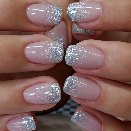 Glitter French Tips Press on Nails Short Square Silver Glitter Designs Full Cover Glossy Reusable Acrylic Stick on Fake Nails for Women Girls Daily Wear Nails Decoration 24Pcs