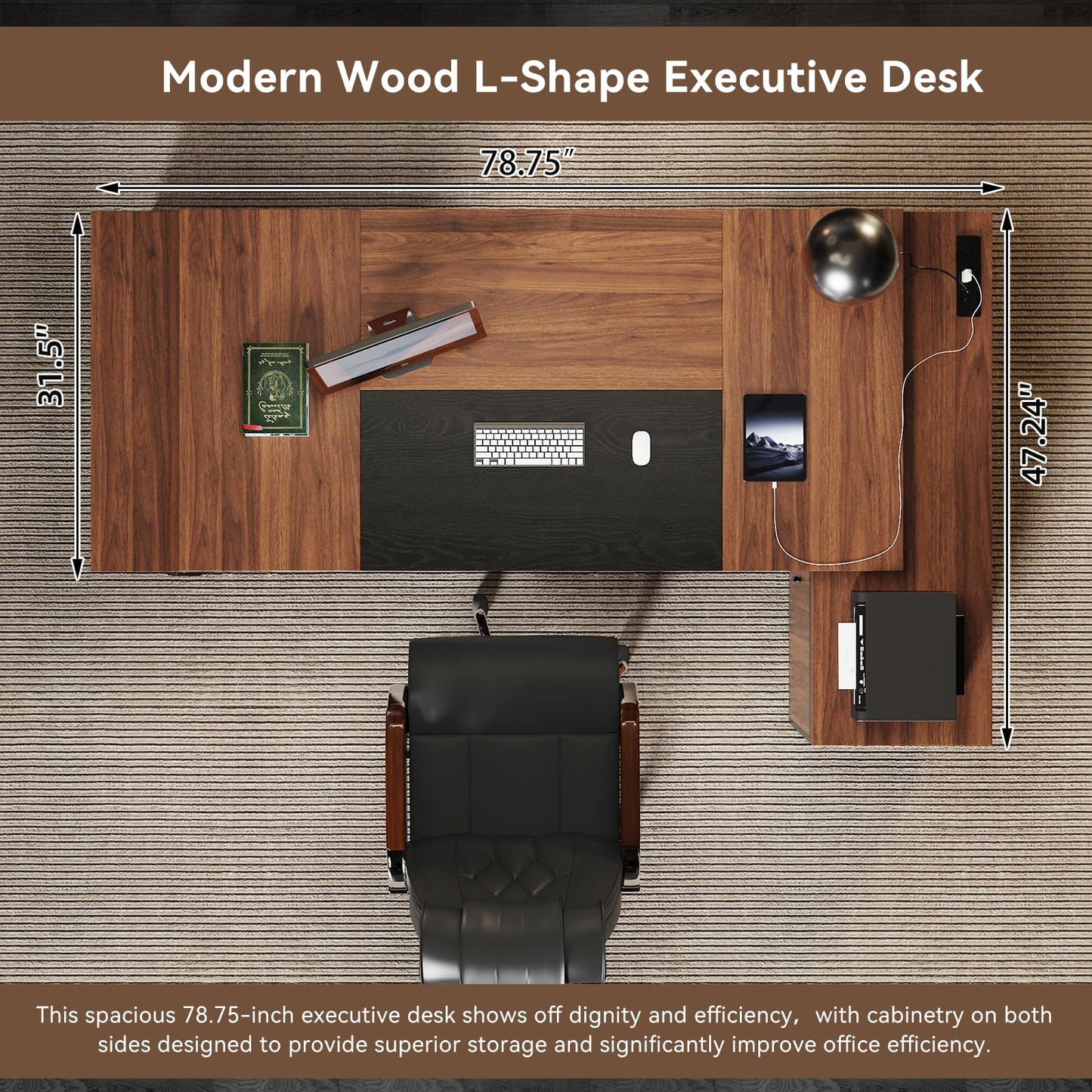 Epecoya L-Shaped Executive Desk with Drawers, 78-Inch Large Home Office Desk with Power Outlet and Lateral File Cabinet, Modern Computer Table with Open Shelf and Storage Cabinet for Home, Brown Black
