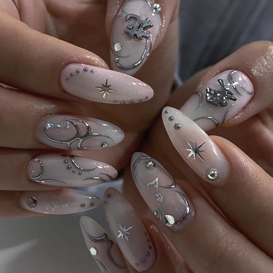IMSOHOT Almond Press on Nails Medium Fake Nails White Glossy Acrylic False Nails with Metal Charms Designs Full Cover Silver Flame Stiletto UV Artificial Nails for Women and Girls