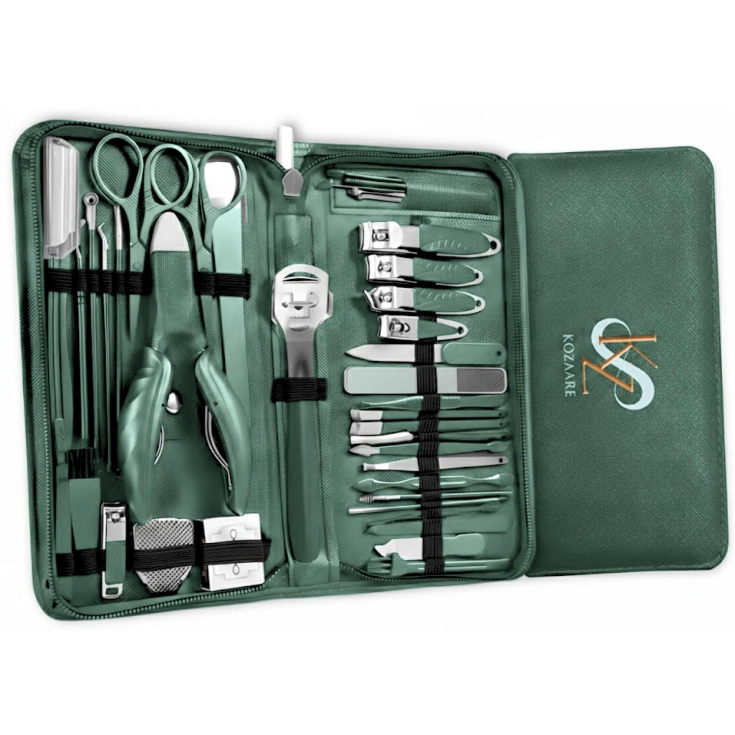 Kozaare: Nail Clippers Set Fingernail and Toenail Clipper Cutters for Men and Women, Professional Manicure Pedicure Grooming Kit, 40 Pieces Stainless Steel Nail Care Tools Travel Case (Green)