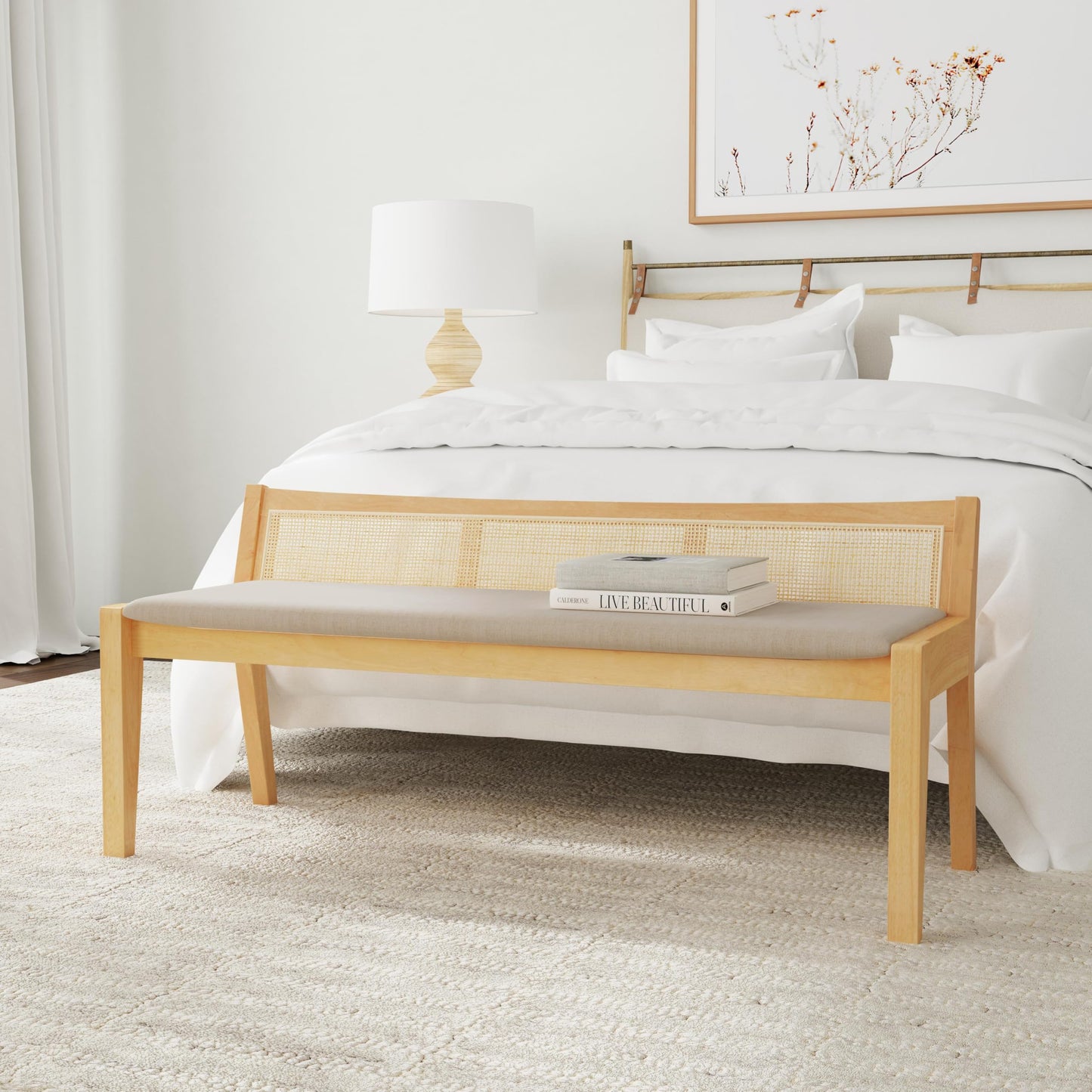 Powell Kasi Natural Low Back Cane Bench with Beige Upholstered Seat