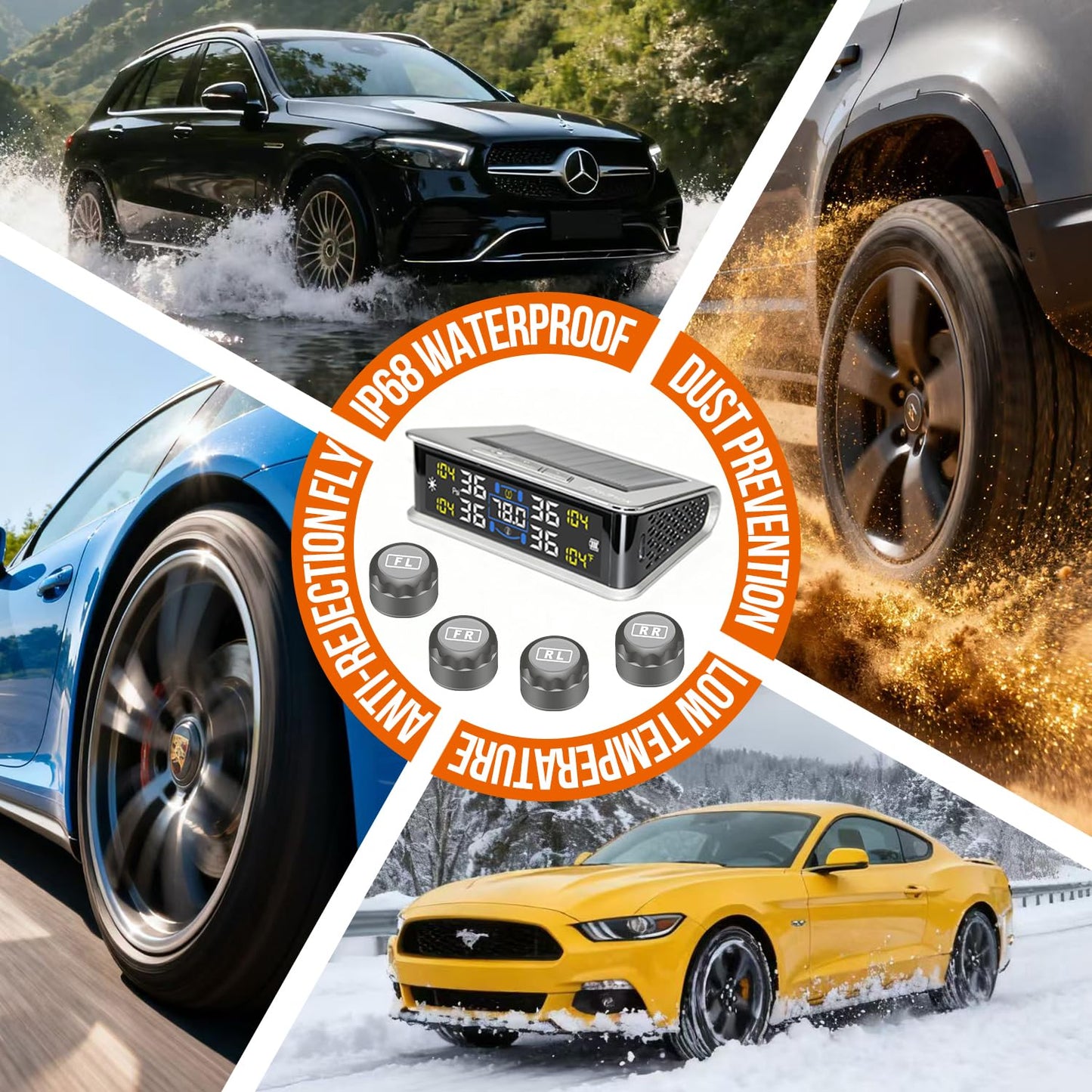 Zradnox Tire Pressure Monitoring System - TPMS with Solar & USB Charger, Tire Pressure Monitor System with 4 External sensors & 6 Alarm Modes, LCD Real-time Display, Auto on/Off Mode, Easy to Install