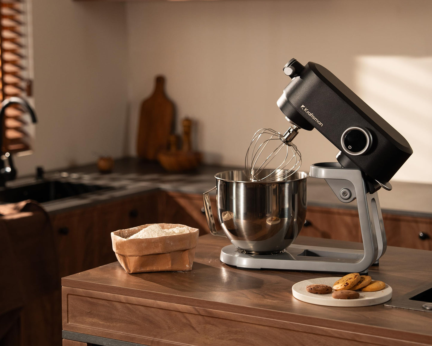 Kraftsman Stand Mixer All Metal - Heavy Duty Kitchen Standing Mixer 5.3 Quart with 4 Stainless Steel Attachments, DC Motor & Multifunctional Power Hub, 8-Speed & Timer, Lower Noise (Black)