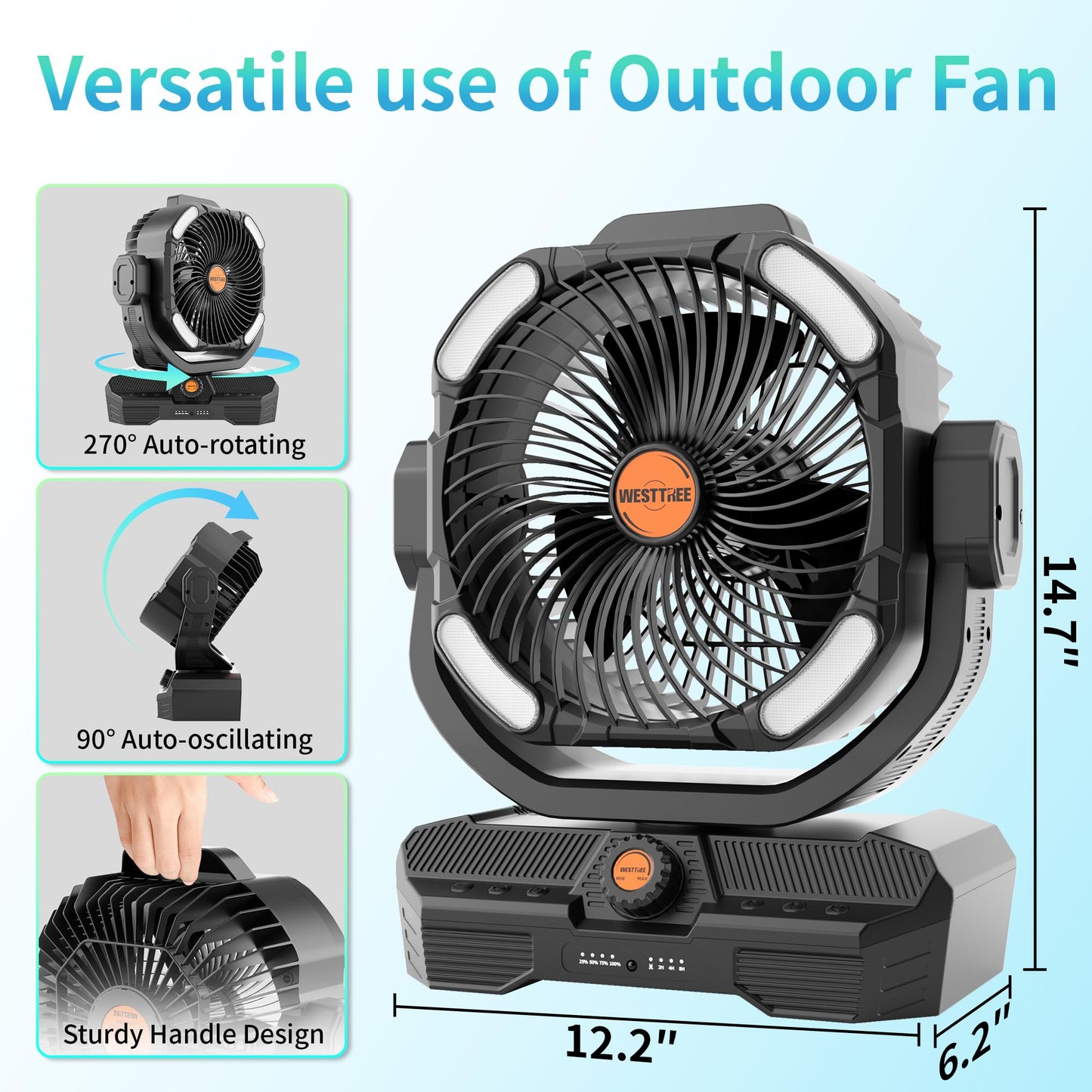 WESTTREE Battery Powered Fan Powerful Airflow Battery Operated Air Circulator Fan for Bedroom,Quiet & 360°Auto Oscillating Rechargeable Camping Fans with LED Light (RGBW) X66 Black