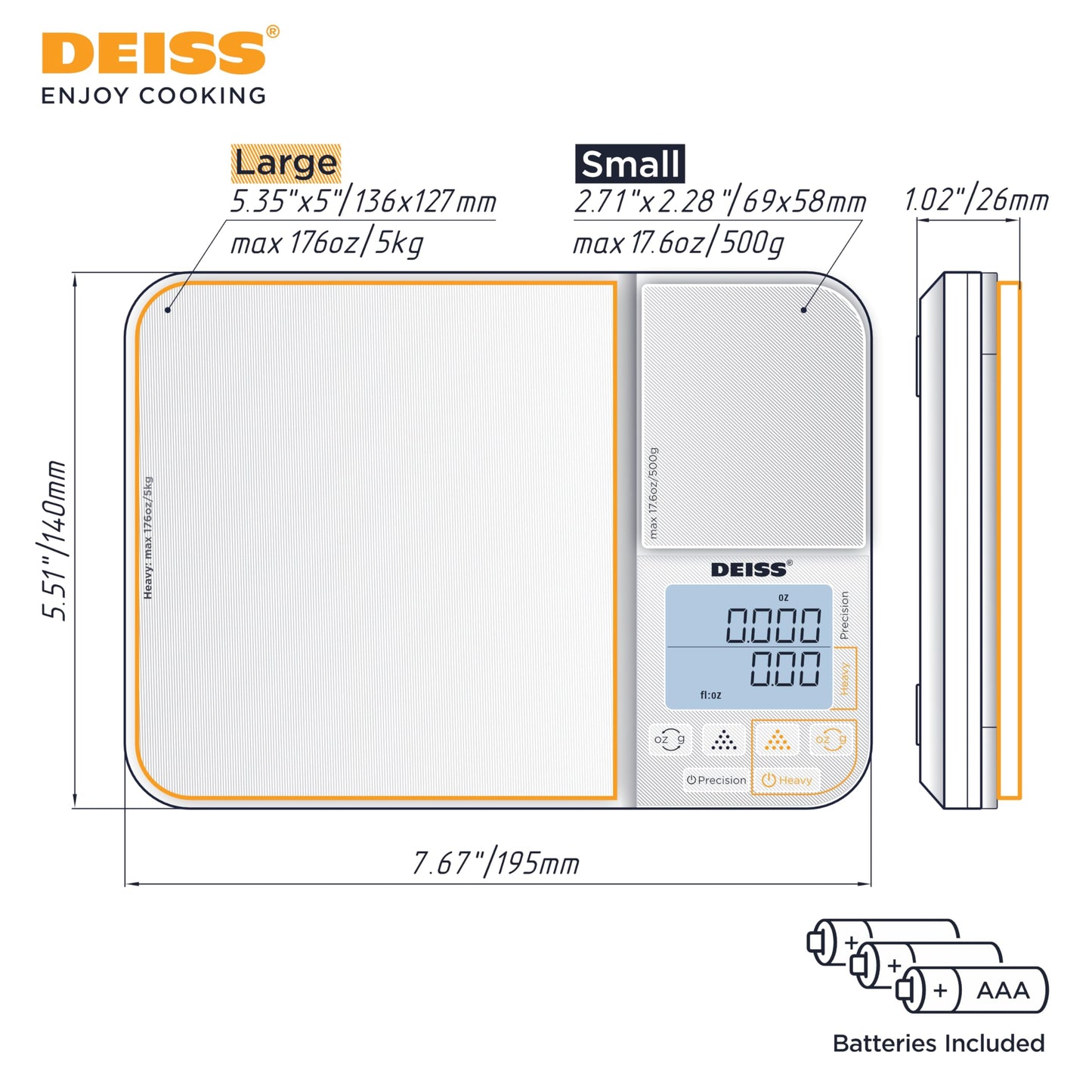 Deiss PRO Dual Platform Digital Kitchen and Food Scale - 11lb Capacity & 17.6oz Capacity Precision Kitchen Scale, Digital Scale for Baking, Cooking, Meal Prep, Food Scales Grams and Ounces