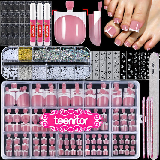 Teenitor Square Toe Nail Press Ons, 150pcs French Tip Press on Toenails with Nail Glue, Thick Toe Press on Nails Fake Toe Nails for Women, 15 Sizes Toe Nails Glue on with Nail Charms for DIY