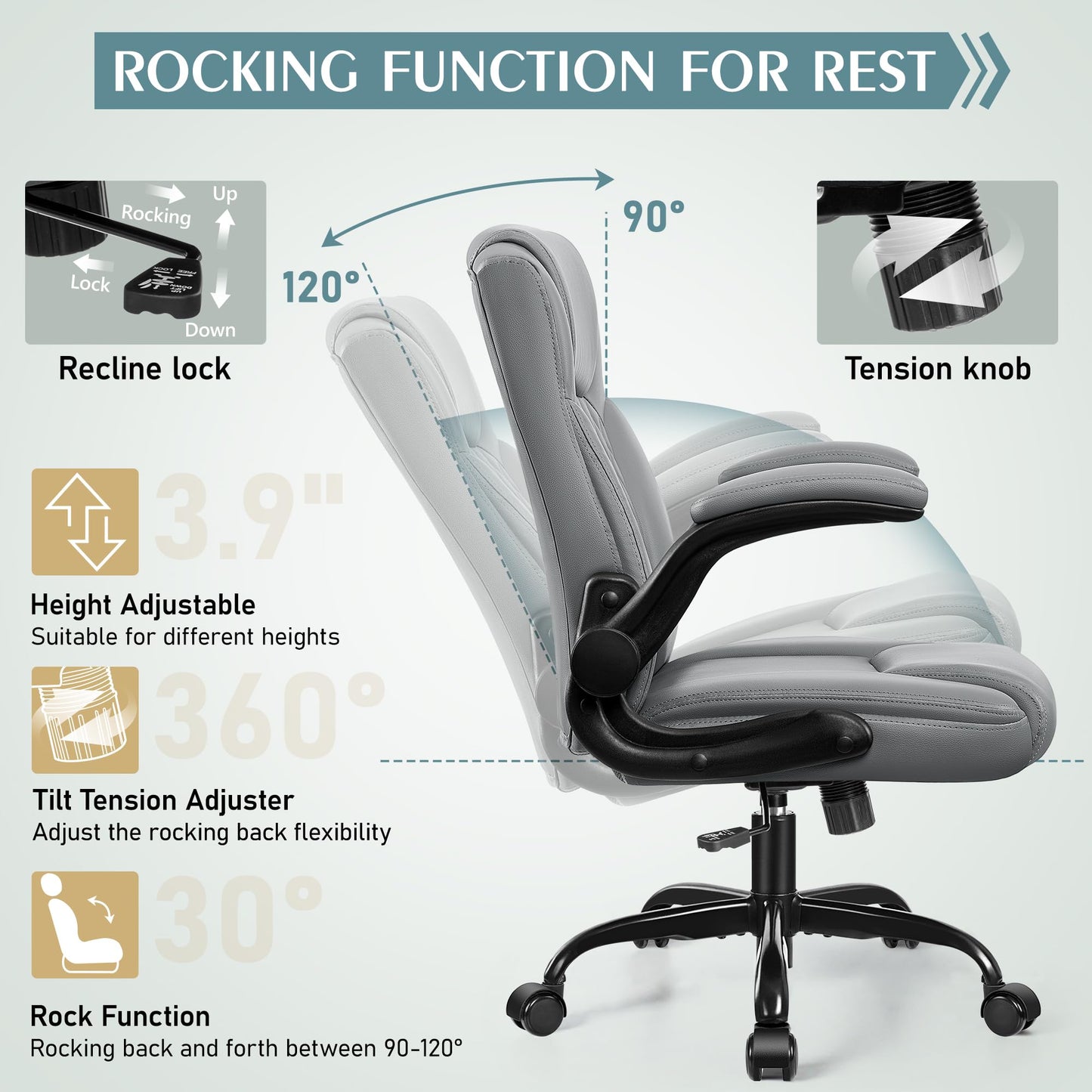 Leather Office Chair, PU Home Computer Desk Chairs with Ergonomic Back Support, 360°Swivel Free，Small Gaming Chair with Wheels and Adjustable Armrests, for Short People Use