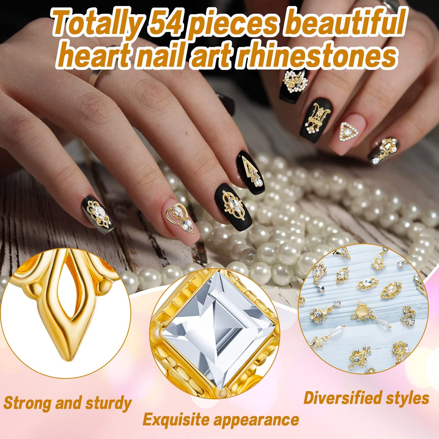 Maitys 52 Pcs Gold Nail Charms Gems Rhinestone Luxury 3D Sparkling Crystal Pendant Bulk for Women Y2k Kawaii Acrylic Nail Tips Accessories DIY Craft Jewelry Making Junk Case Decoration