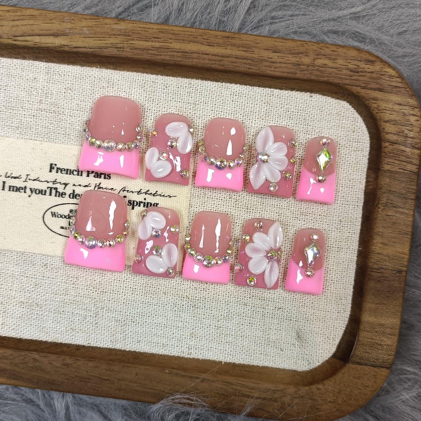 TENPAL Duckbill Shape Handmade Press On Nails Kit,Pink French Floral Nails with 3D Flowers Diamond Designs,Glazed Donut Nude Pink Fake Nails with Tools,Elegant French Tip Duckbill Nails with Gems(S)