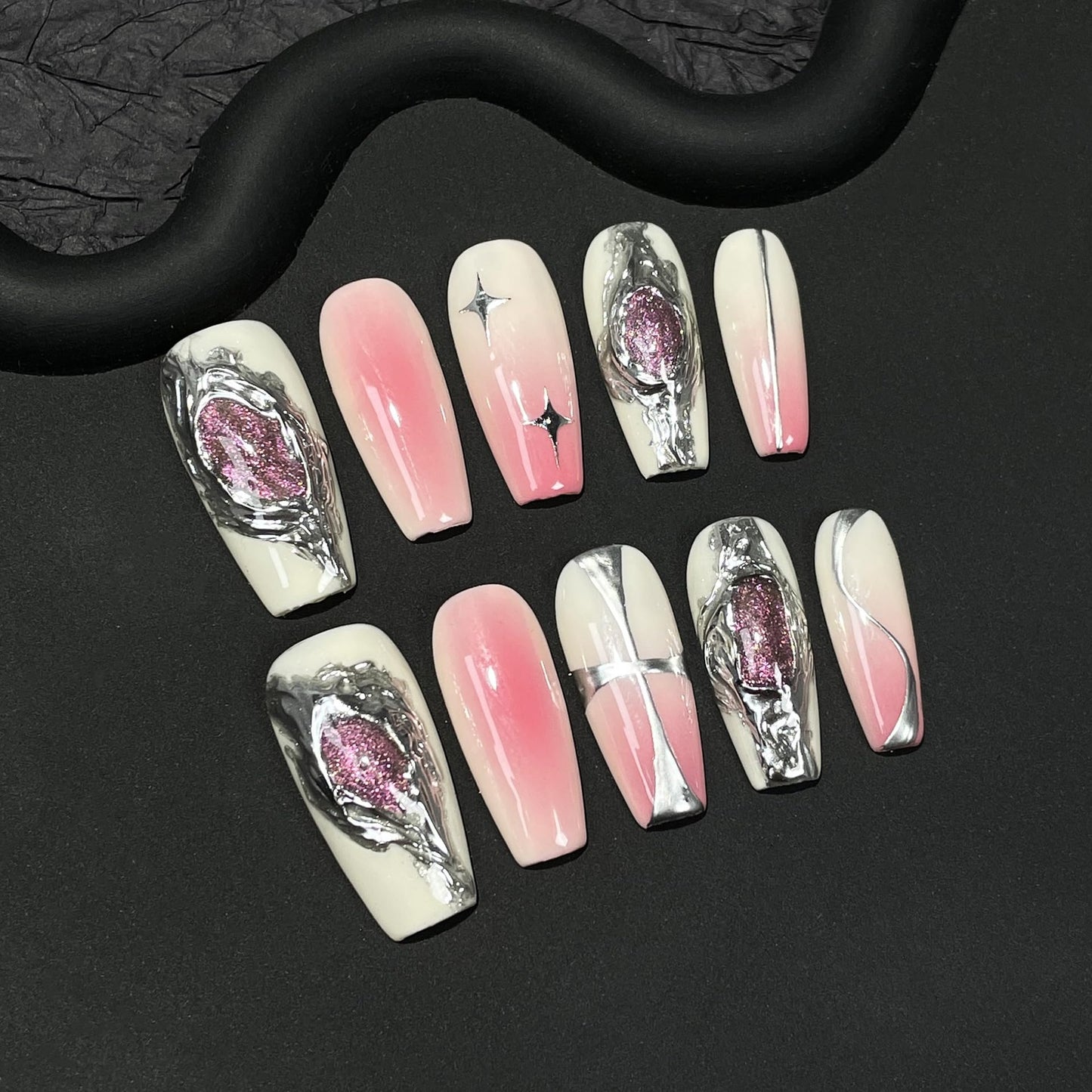 TENPAL 10pcs Coffin Press-On Nails Kit,Punk Metal Glam False Nails with Airbrush Blush Designs,Cat Eye Edgy Gradient Pink Nails with Rhinestones,Hip Hop Goth Chrome Fake Nails Set with Tools(XS)