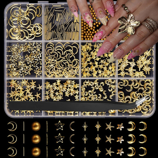 Gold Nail Charms 3D Alloy Beads Nail Gems Shiny Ocean Beach Starfish Star Moon Nail Jewels Multi-Shapes Metal Golden Lines Nail Art Supplies with Tweezer for Women DIY Acrylic Nail 12 Grids 1 Box