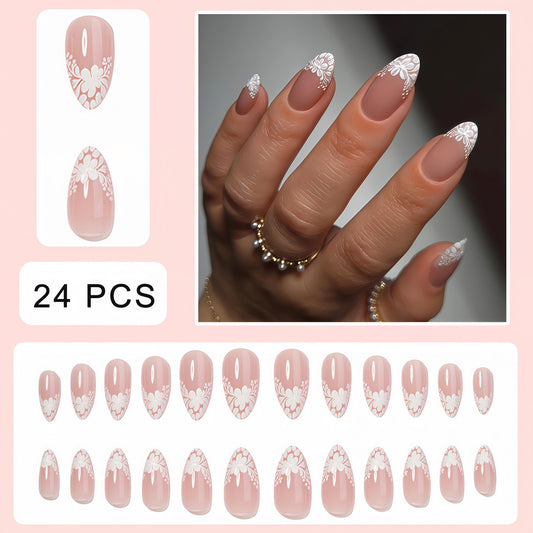 3D Floral French Press on Nails Medium Almond Fake Nails White Lace Floral French False Nails with 3D Daisy Flower Design Glossy Spring Stick on Nails for Women Girls Manicure Decoration 24 pcs