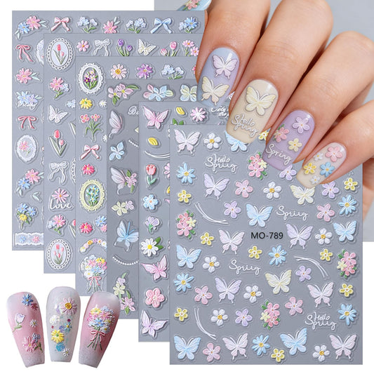 6 Sheets 5D Embossed Spring Flower Nail Art Stickers Colorful Gradient Butterfly Floral Nail Decals French Style Design Flowers Nail Stickers for Women Spring Summer DIY Manicure Supplies