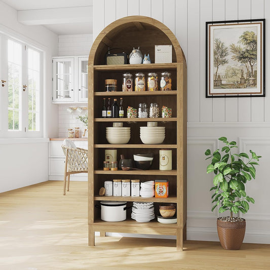 71" Tall Farmhouse Arched Display Cabinet with Adjustable Shelves, 7 Tier Arched Bathroom Storage Cabinet Bookshelf Bookcase Food Pantry Shoe Closet Shelf Organizer for Living Room Entryway Hallway