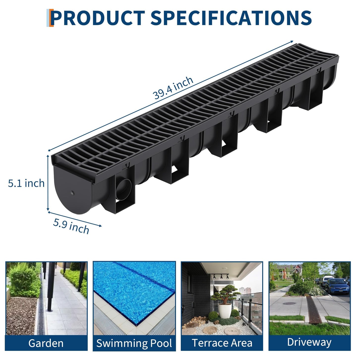 5 Pack 39.4" Trench Drain System,5.9x5.1 Inch HDPE Channel Drain with Plastic Grates & End Caps, for Garage, Garden, Patio & Driveway Drainage (Black)