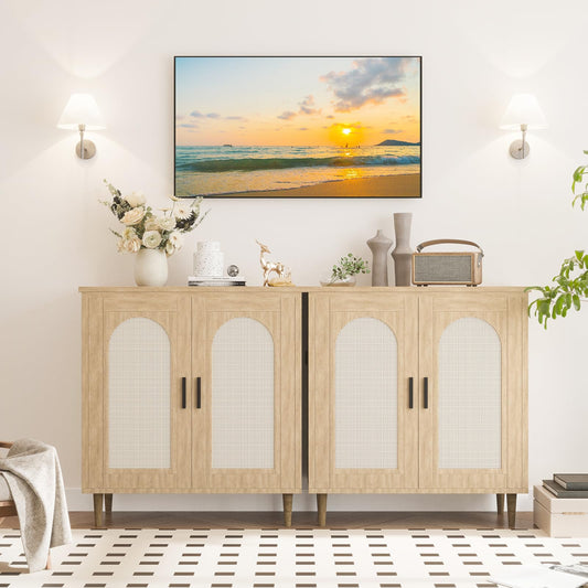Garvee Rattan Buffet Cabinet with Storage, Sideboard Cabinet with 2 Doors and Adjustable Shelves, Boho Wood Cupboard for Kitchen, Livingroom, Dining Room, Entryway (Natural, 2 PCS)