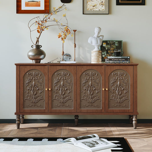 3More 4 Door Sideboard Buffet Cabinet,60″ Accent Storage Cabinet with 3-Level Adjustable Shelves, Vintage Carved Decorative Cabinet for Home Kitchen Dining Room, Brown