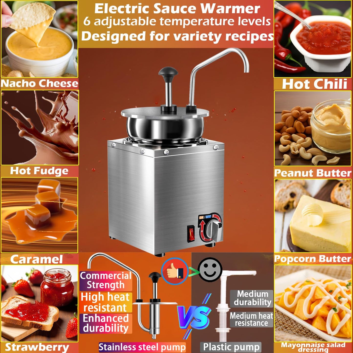 Nacho Cheese Dispenser with Stainless Steel Pump, 4.3 QT Sauce Warmer, 86-194℉ 6 Temperature Levels Adjustable Heater, Commercial Hot Fudge Chocolate, Hot Chili, Caramel, Peanut Butter Electric Warmer