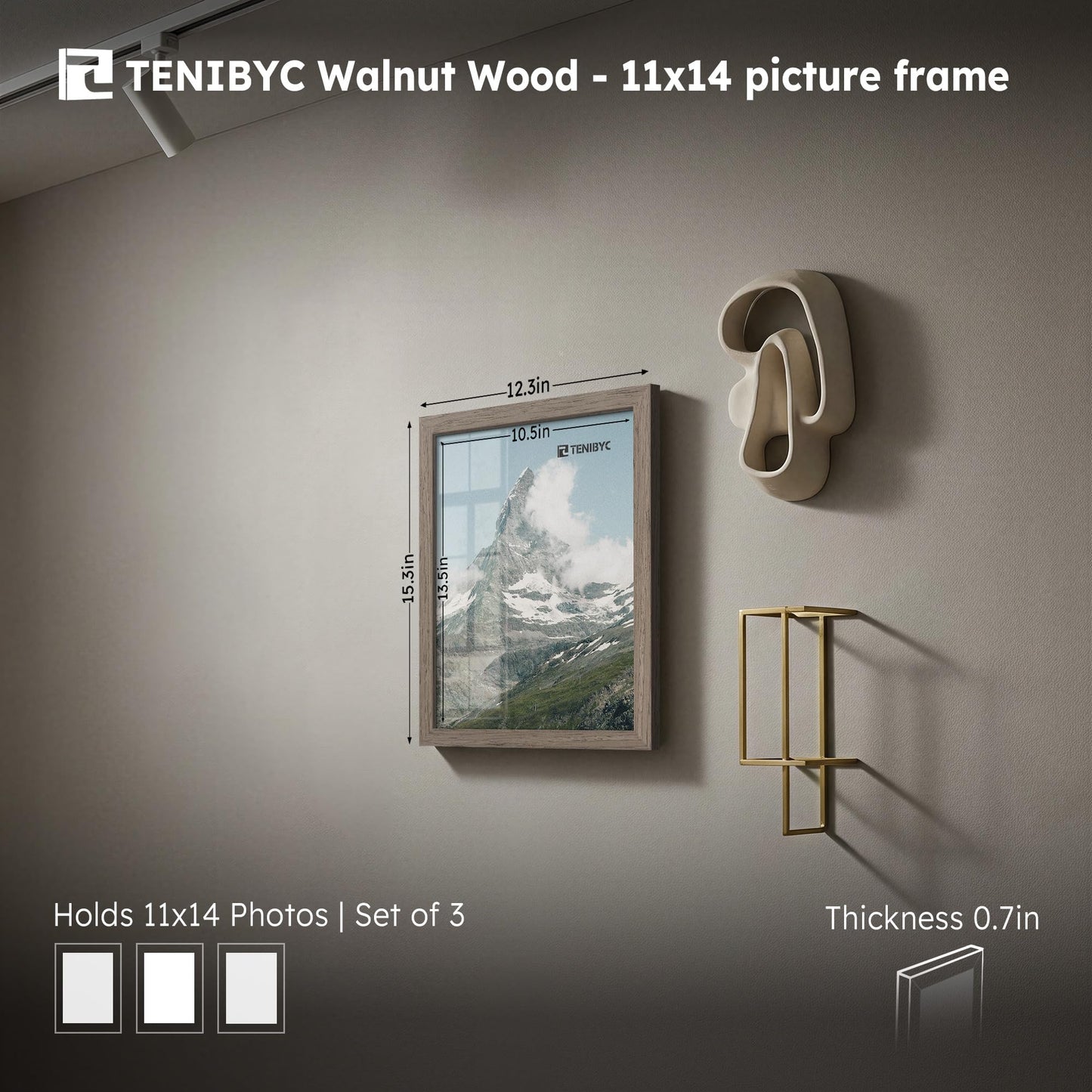 TENIBYC 11x14 Walnut Picture Frame 3 Pack with HD Glass - Natural Brown, Solid Wood Poster Frame, Wall Gallery Frame