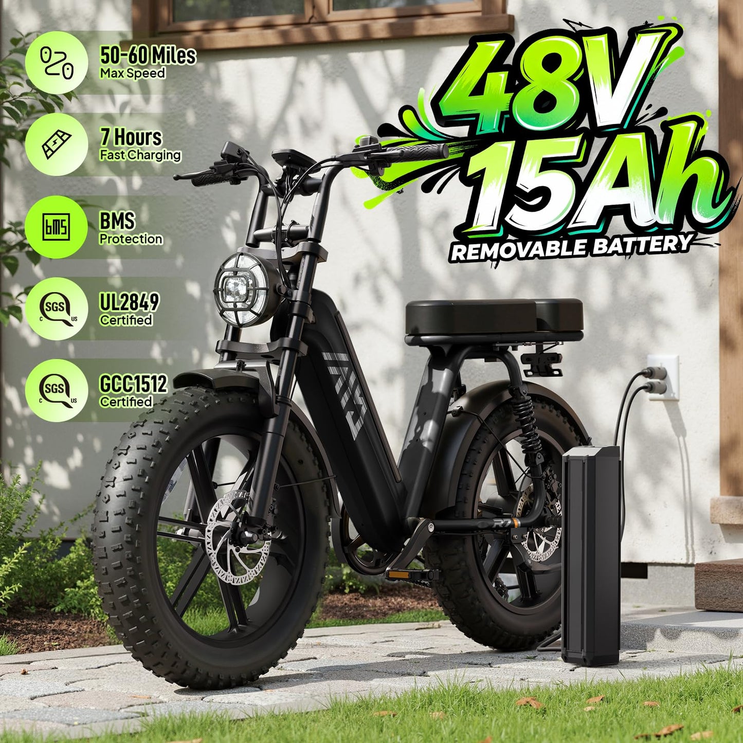 TST Electric Bike for Adults, 1500W Peak Motor Ebike with 48V 15Ah Built-in Battery, 60 Miles Range 28 MPH Electric Bicycle, 20" Fat Tire Step-Thru E Bike with Rear Seat, Rear Footrest