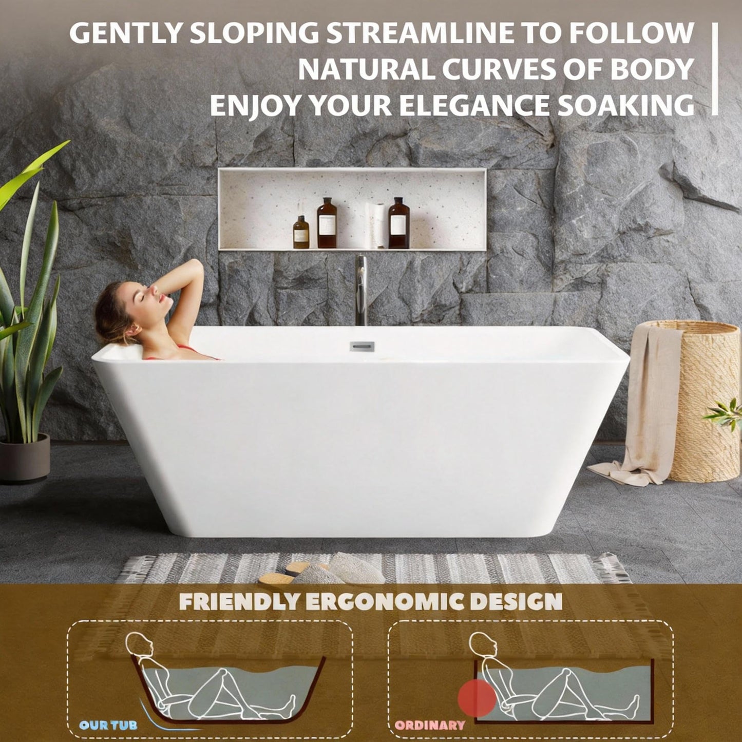 59" Acrylic Freestanding Soaking Tub, Contemporary Design Bathtub, Chrome Overflow & Drain, Easy Installation for Modern Bathroom, White