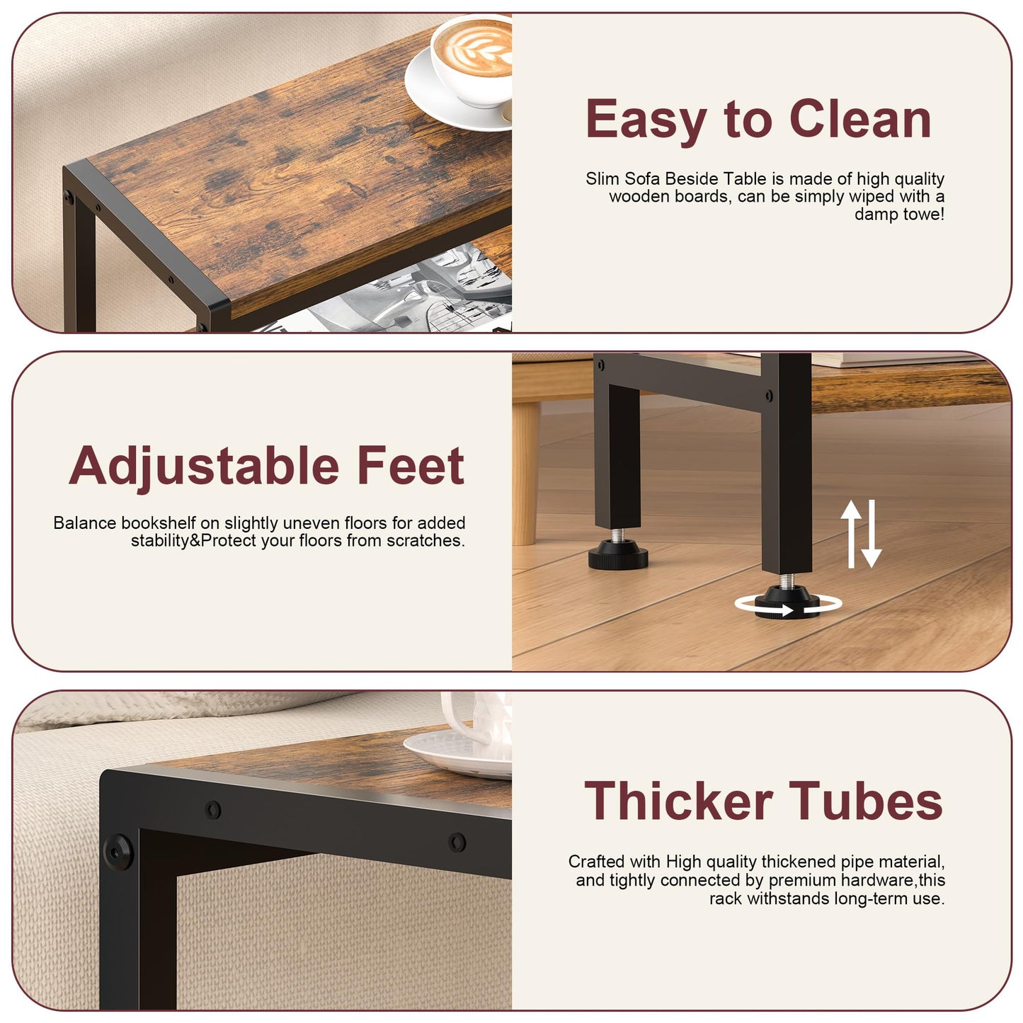 Homedawn Narrow Side Table for Small Space, 3 Tier Slim End Table, Thin Nightstand, Skinny Snack Couch Table, Sofa Bedside Table in Living Room, Bedroom, Study, Kitchen and Balcony (Rustic Brown)