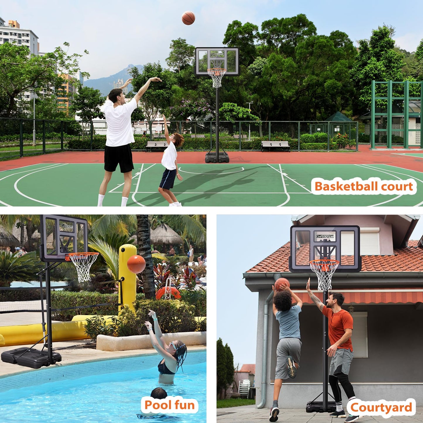 AWII SPORT Basketball Hoop Outdoor Protable 40/44/48 Inch Impact Backboard, 4.8-10FT Height Adjustable Basketball Hoop Goal System with Wheels for Adults