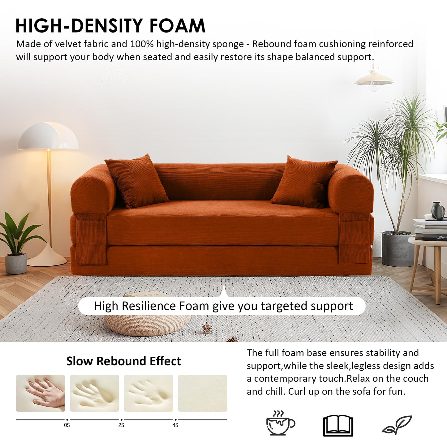 80" Convertible Sofa Bed, 3-in-1 Corduroy Folding Pull Out Couch with Pillows, No Assembly Modern Boneless Couch Compression Sofa in Box, Floor Sofa with Side Storage Pocket for Living Room, Orange