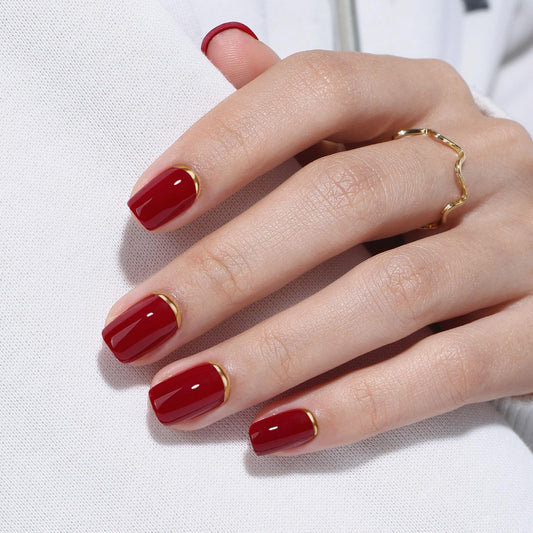 Red Press On Nails with Designs - GJZEZ Soft Gel Glossy Square Nails Press ons with Gold Cuffs French Tip, Salon Quality Fake Nails for Women, 16 Sizes - 32 pcs Long Lasting Reusable Nails, Gold End