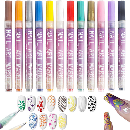 12 Colors Nail Art Pens for Painting Nails - DIY Acrylic Drawing, Dotting, Liner, Polishing, Graffiti, Detailing - for Home, Salon, and Gifts for Women