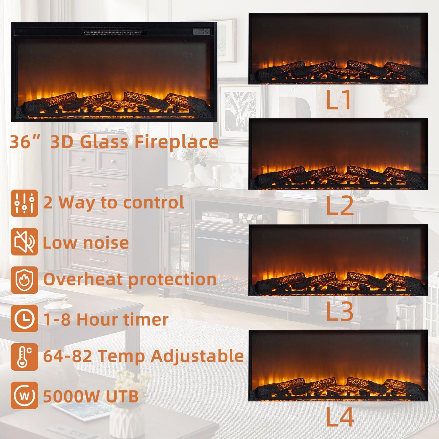 SAVOR LIFE 70" Fireplace TV Stand with 36”Silent Electric Fireplace, Farmhouse Entertainment Center for TVs up to 80", 2 Drawers TV Console with Glass Door Cabinet, Walnut TVs Cabinet for Living Room