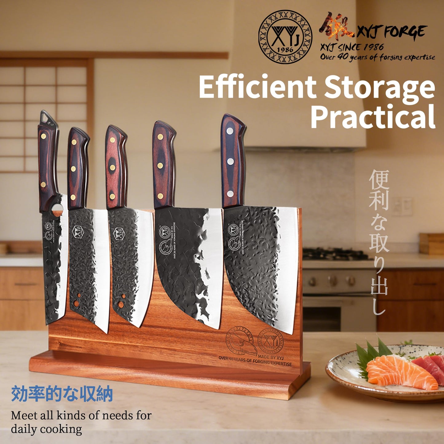 XYJ Knife Set with Block,Scissors,Honing Steel,Cutting Board,Washing Cloth,Gloves,Full Tang,Kitchen Knife Block Set,Meat Cleaver Slicing Bread Cutting Vegetable Butcher Knives,Pakkawood Handle