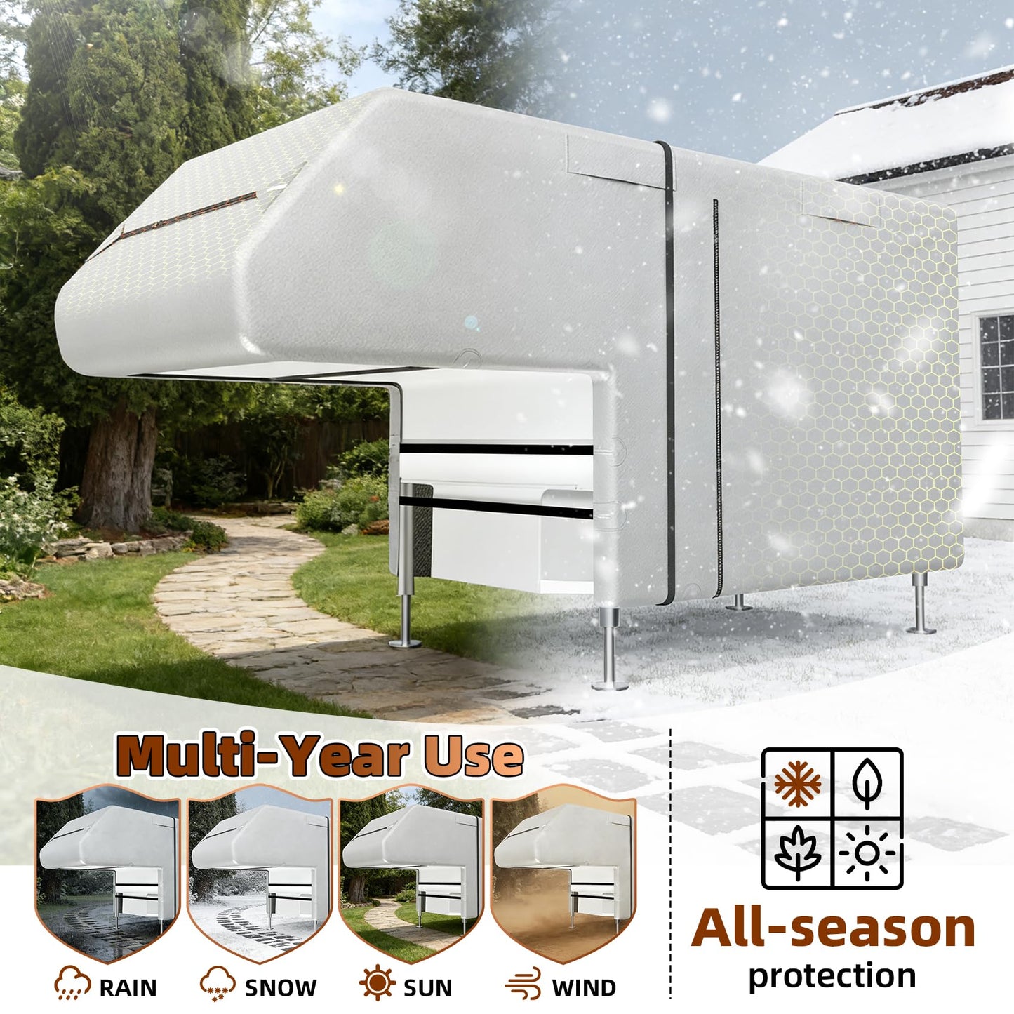 Truck Camper Cover for 10-12FT, Silver - Coated 300D Waterproof Oxford for Slide-in Campers, with Side Zippers and Vents for All-Season Protection