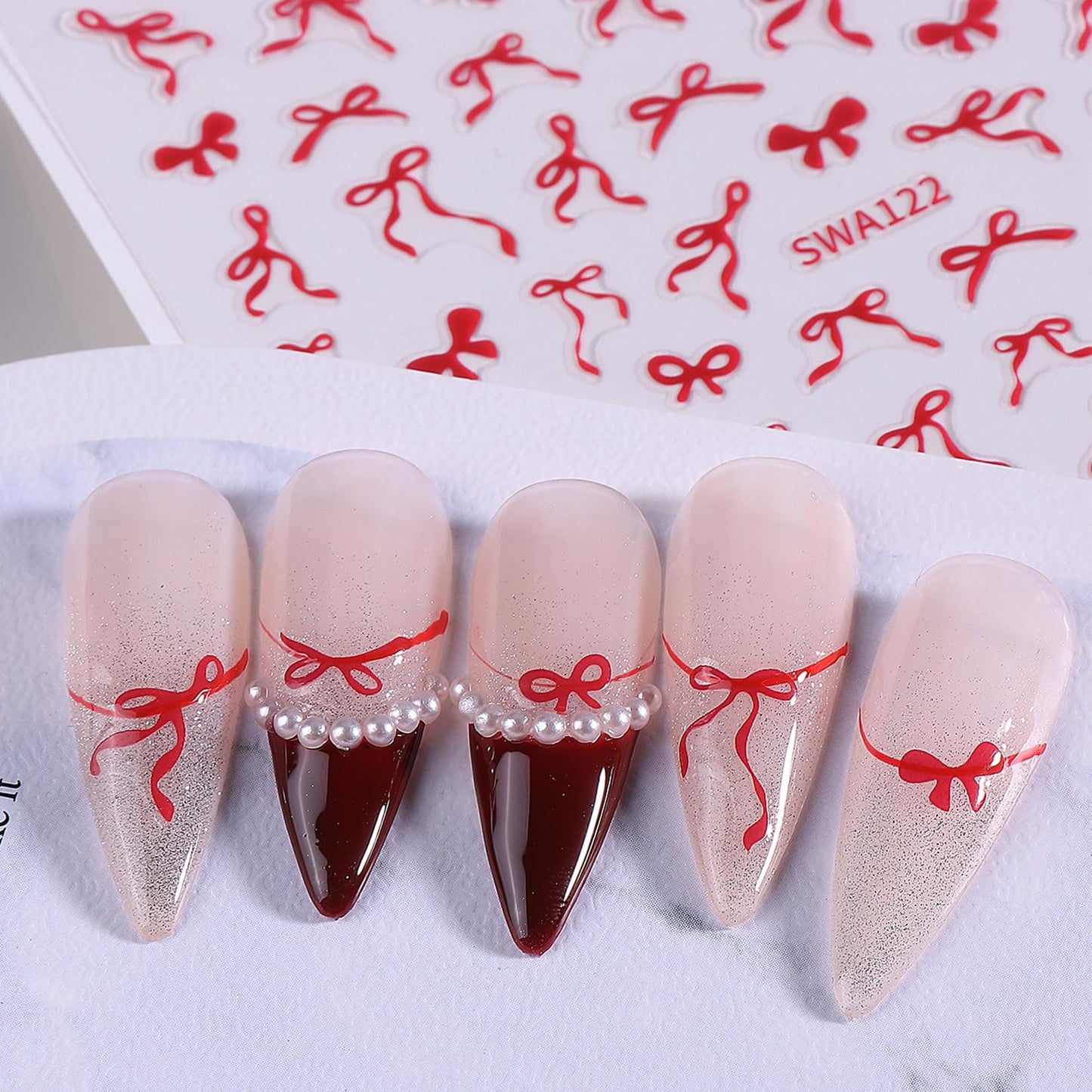 Bow Nail Art Stickers Decals 16 Sheets Red Ribbon Stickers for Nails Cute Gold Silver Pink Black White Bows Decals 3D DIY Self-Adhesive Nail Designs Manicure Decorations Accessories for Women