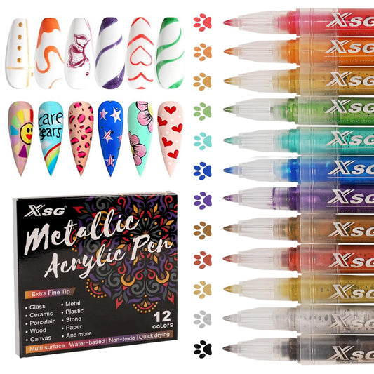XSG 12 Colors Nail Art Pens Set - Professional Nail Point Graffiti Dotting Pen with Bullet Tip for Drawing, Dotting, Lining & Nail Polish Set Acrylic Nail Designs DIY Manicure Kit for Home Salon