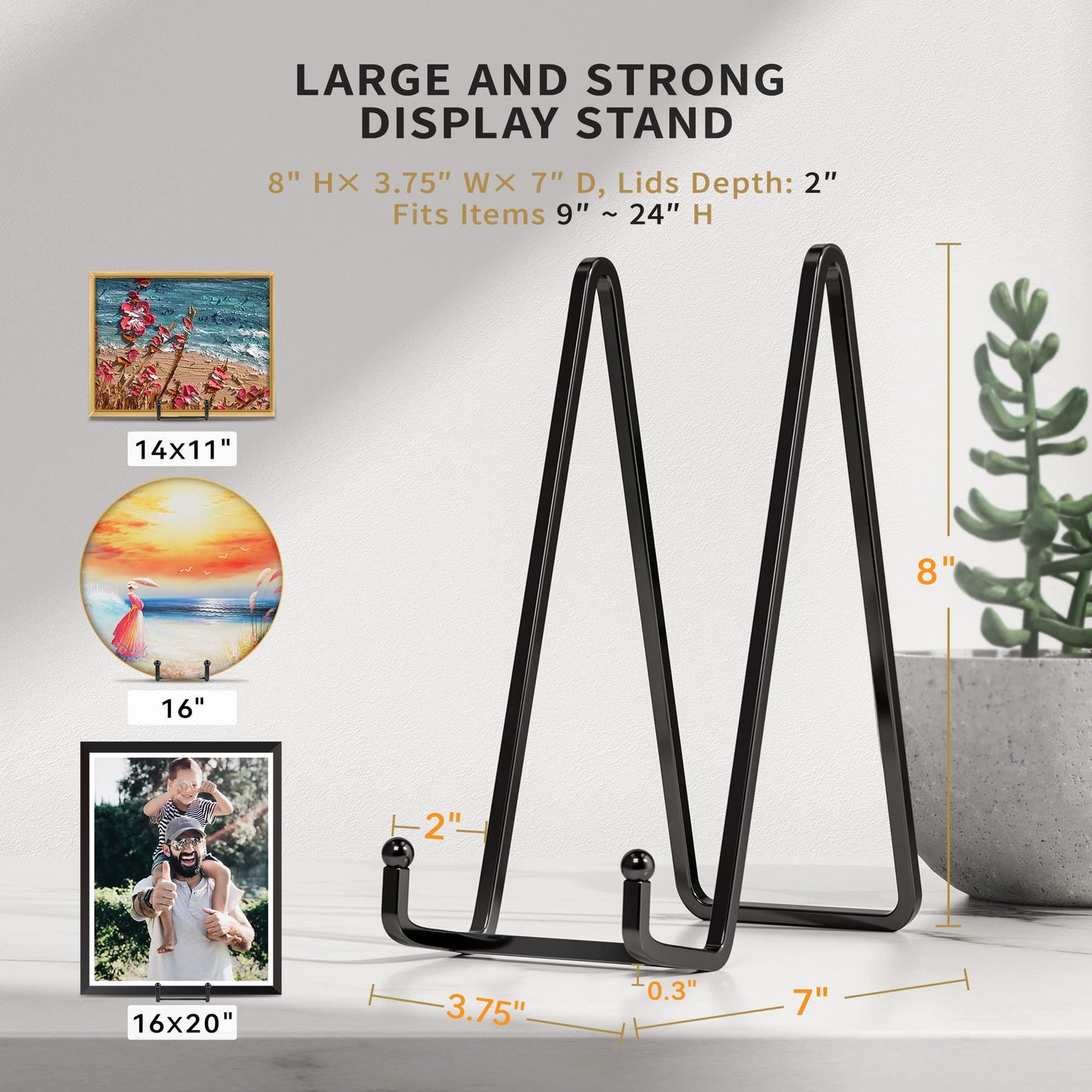 IPAME 3 Pack 8 Inch Large Plate Stands for Display - Metal Square Wire Plate Holder Display Stand + Picture Stand for Book, Platter, Plaque, Photo Easel