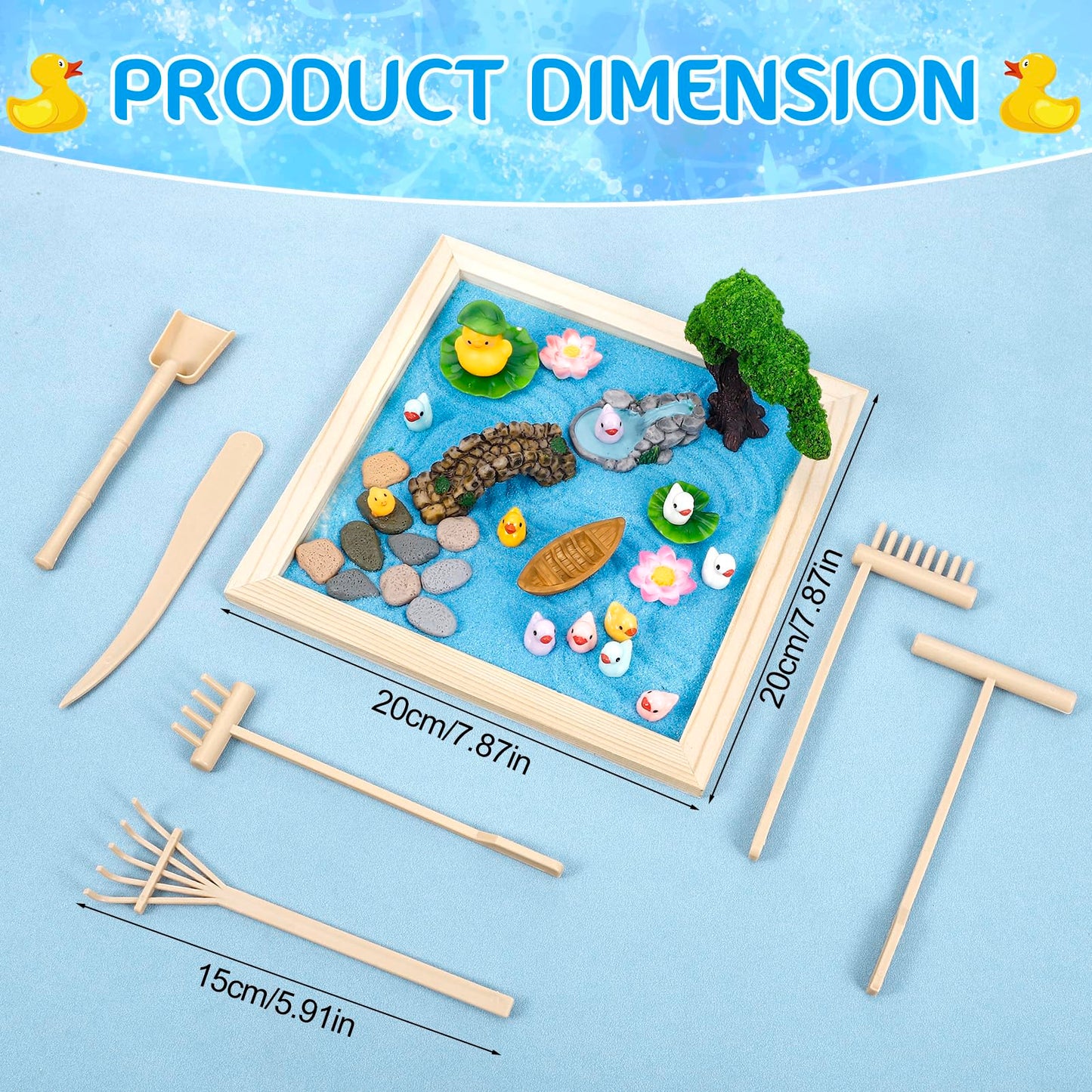 Angirlish 43PCS Zen Garden Kit for Desk, Mini Sandbox Set Gifts Included Wooden Tray Sand Tools Mini Resin Ducks and Accessories, Sand Tray Therapy for Meditation Room Office Home(Duck)