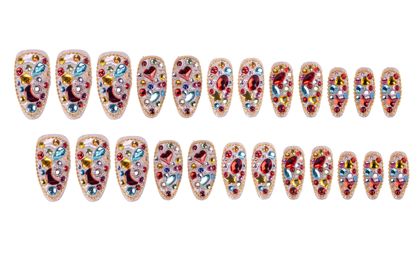 24Pcs Handmade Press on Nails, Bling Rhinestones Medium Length Almond Shape Fake Nails with Colorfull Design,Cute Manicure Kit for Women and Girls