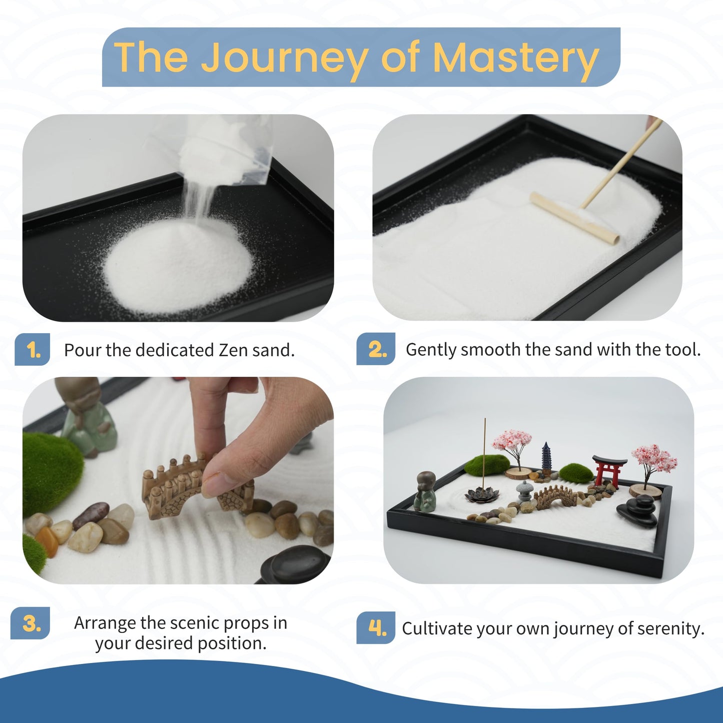 Zen Garden Kit for Desk, 12x8 Inch Sand Tray with 16 Accessories and 6 Tools, Japanese Meditation Mini Garden Set,Mini Meditation Decor for Adults, Stress Relief, Home & Office Decor, Unique Gift Set.