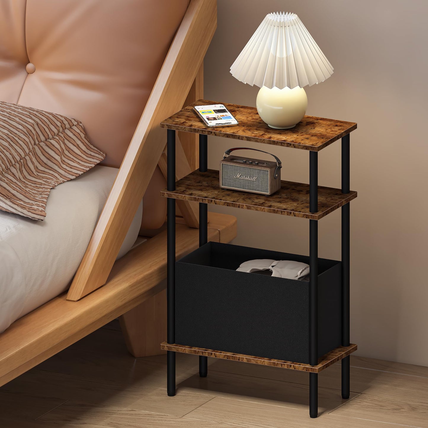 Newmics Narrow Side Table with Fabric Basket, Set of 2 End Table for Small Spaces, Slim Nightstand with 3-Tier Storage Shelf, Sofa Beside Table, for Living Room, Bed Room, Rustic Brown