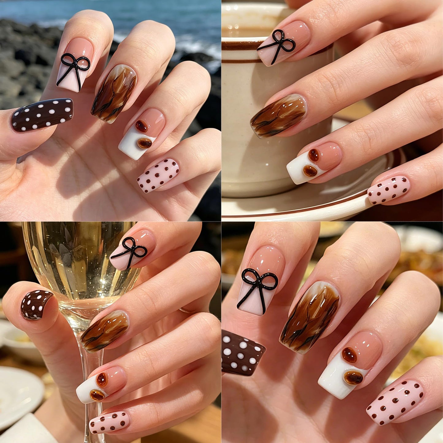 TENPAL Pink Coffee French Tip Press on Nails Medium Square, Polka Dot Ombre 3D Coffee Bean Cute Sweet Girly Reusable Salon False Nails for Daily Wear 10PCS(L)