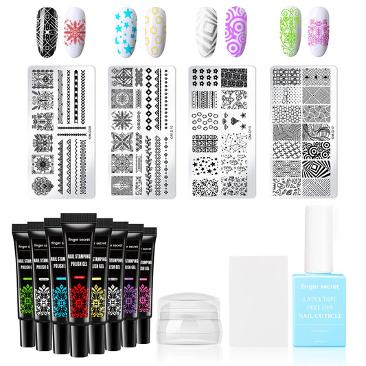 Nail Stamping Gel Polish Kit 4pcs Templates 8 Colors Nail Stamping Polish Gel Unleash Your Creativity with Our Kit Ideal for Home User and Nail Salon SET1