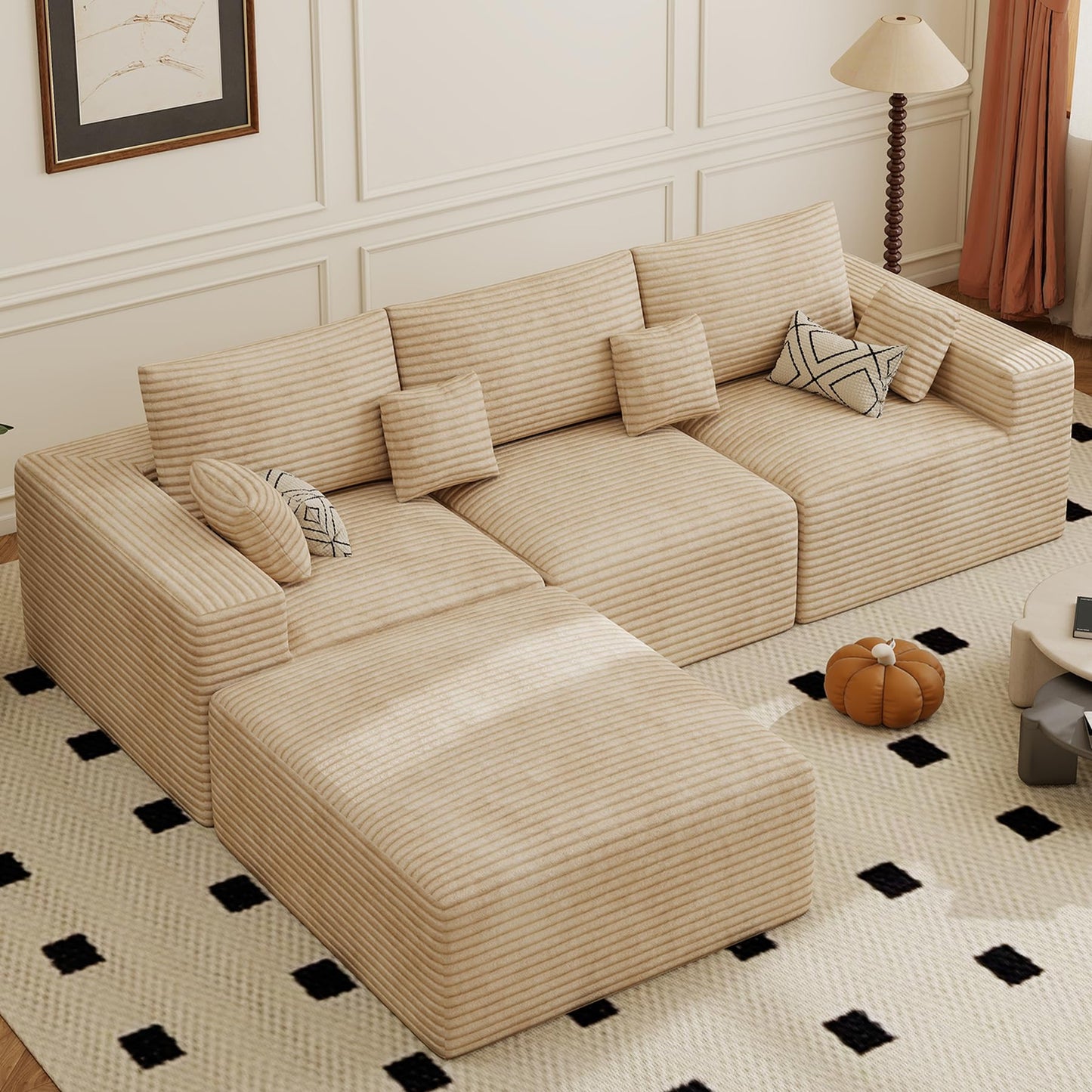 113" Modular Sectional Sofa, Convertible L-Shaped Cloud Couches for Living Room with Ottoman, 4 Seater Corduroy Boneless Couch Sofa Set, No Assembly Required, Khaki 1 PCS