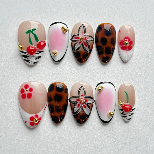 Luxury Press on Nails Short Almond Handmade 3D Unique Reusable ABS Material Fake Nails French Tip False Nails with Designs Flower Leopard Print Fall Glossy Glue on Nail Thick Acrylic Nail(M)