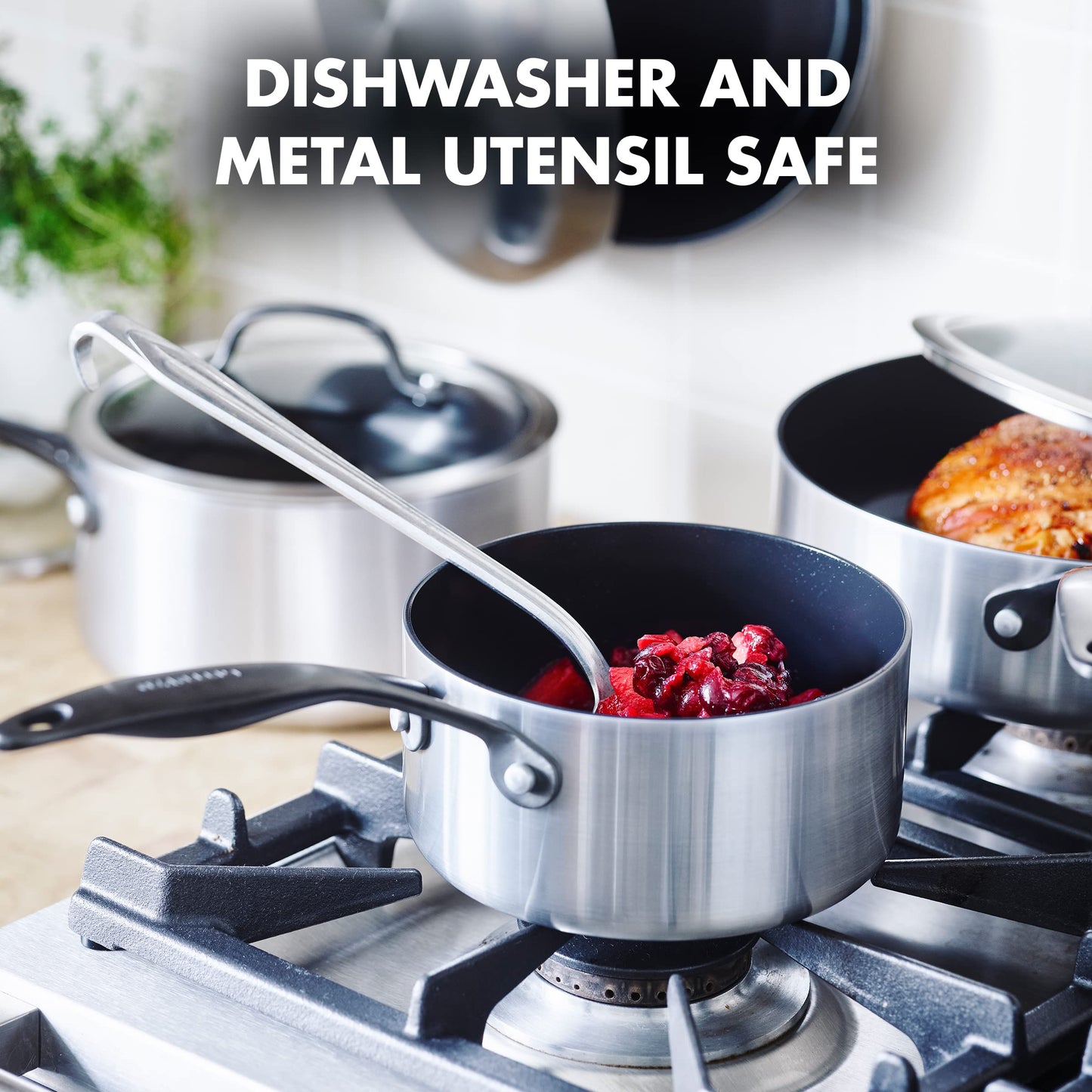 GreenPan Venice Pro Noir Tri-Ply Stainless Steel Healthy Ceramic Nonstick 13 Piece Cookware Pots and Pans Set, Matte Black Handle, PFAS-Free, Multi Clad, Induction, Dishwasher Safe, Oven Safe, Silver
