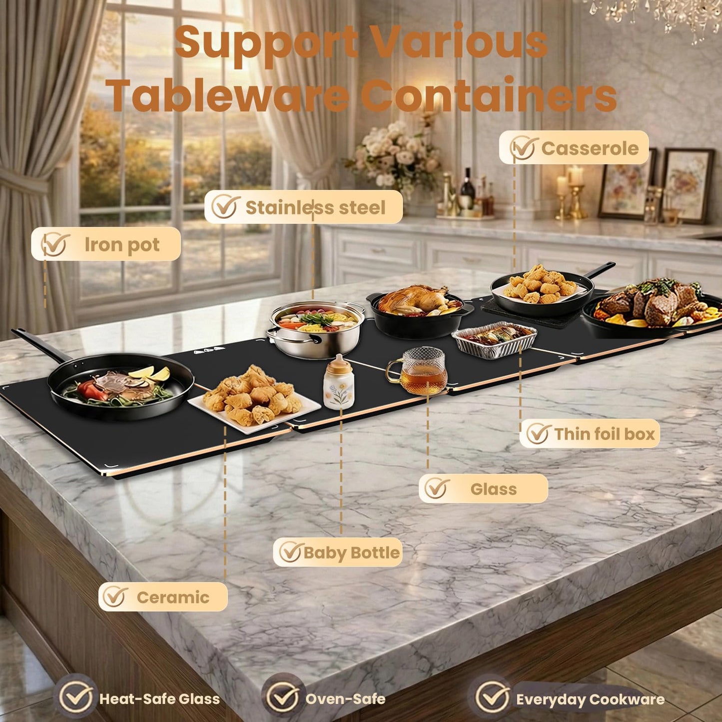 Electric Warming Tray XXXL 44"x16" with Storage Bag, Adjustable‑Size Food Warming Mat, 5‑in‑1 Expandable Modular, Food Warmer for Parties, Buffet, Catering & Gathering, 8‑Level Temp & Timer, Gold Edge