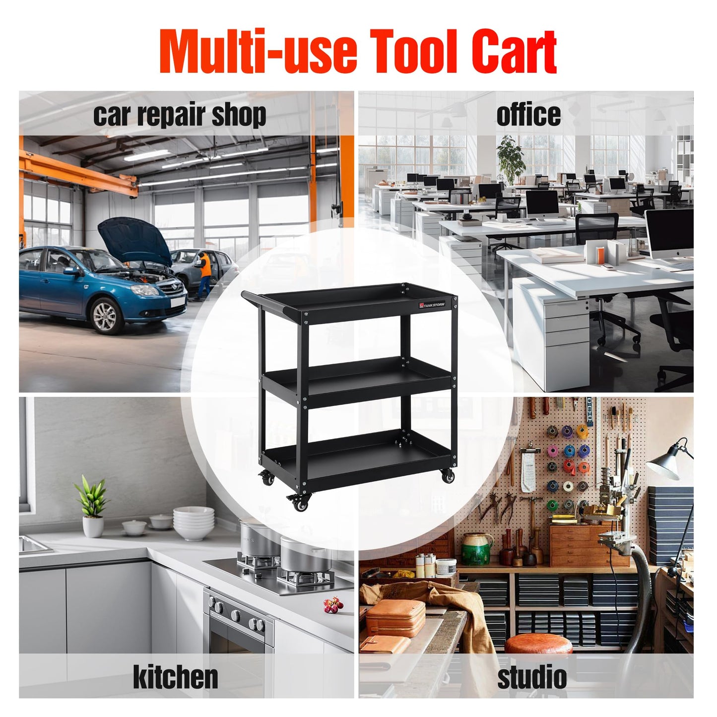 Tool cart on Wheels TANKSTORM Service Tool Cart 3 Tire Rolling cart, Industrial Commercial Service Cart TQ112
