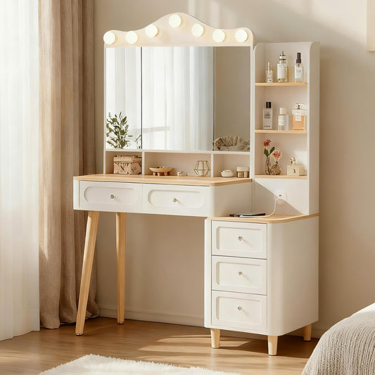 Acosure Makeup Vanity with Mirror & Power Outlet,3 Dimmable Colors Light Small Makeup Vanity Table Set with 5 Drawers & Hidden Storage Shelves Dressing Table for Women Girls Bedroom,White