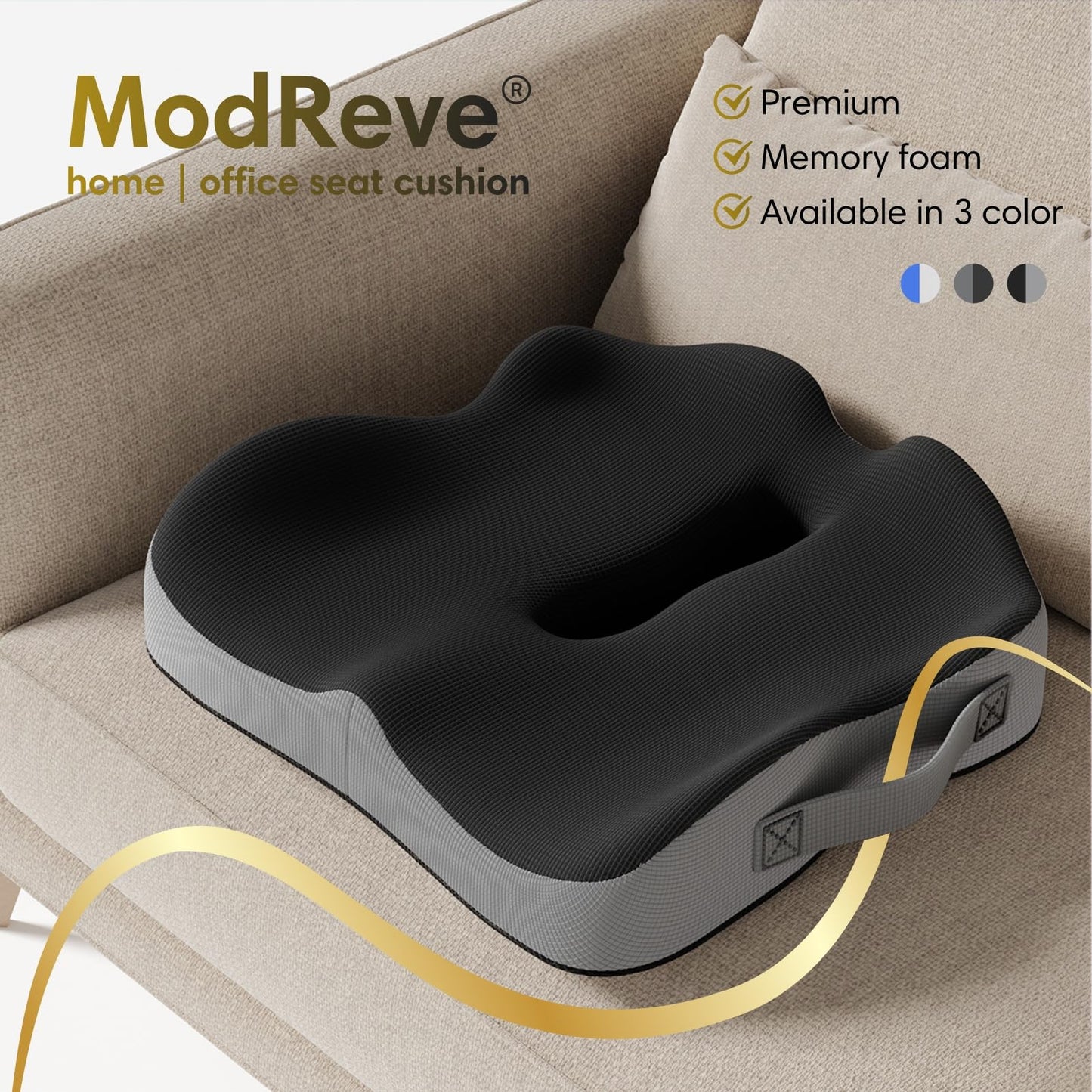 ModReve Memory Foam Seat Cushion for Office Chairs, Car Seat, Wheelchair, Desk Chair Pad - Extra Large Ergonomic Sciatica Coccyx & Tailbone Pain Relief Back Support Pillow for Long Sitting & Driving